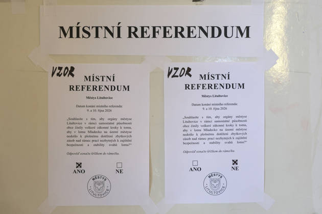 The two-day elections to municipal assemblies continued in the Czech Republic together with the first round of the elections to one-third of the Senate, on October 10, 2026. On the photo: alongside the municipal and senate elections a referendum (photo) on the extraction of remaining reserves at the former Mladecko quarry, in Litultovice, Moravian-Silesian Region. (CTKxPhoto PetrxSznapka) CTKPhotoP2026101002405  CTKPhotoP2026101002405
