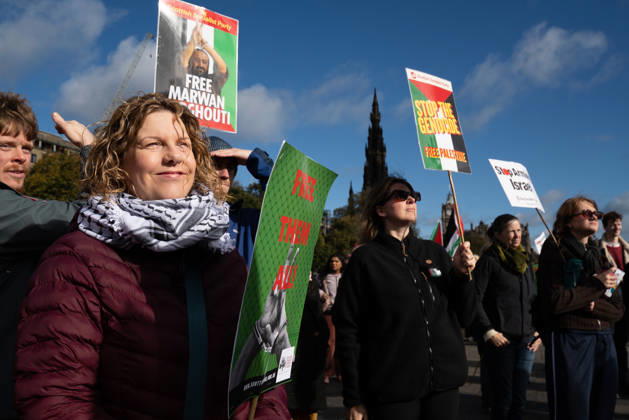 October 10, 2026, Edinburgh, Scotland, UK: Hundreds of people took part in a demonstration in Edinburgh organised by pro-Palestine groups Gaza Genocide Emergency Committee and Stop the War Scotland to mark the third anniversary of the 7 October 2023 Hamas-led attacks on Israel and the subsequent war in Gaza. The demonstration formed part of what organisers described as the first fully coordinated global day of protests for Palestine, with participants calling on the UK Government to end all arms sales to Israel and impose full sanctions. Edinburgh UK - ZUMAs357 20261010_zip_s357_001 Copyright: xCameronxScottx