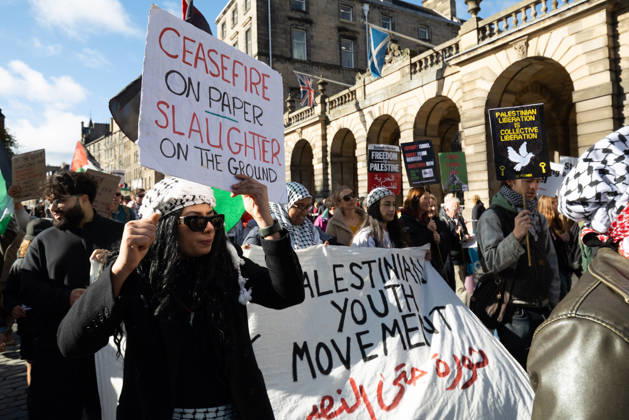October 10, 2026, Edinburgh, Scotland, UK: Hundreds of people took part in a demonstration in Edinburgh organised by pro-Palestine groups Gaza Genocide Emergency Committee and Stop the War Scotland to mark the third anniversary of the 7 October 2023 Hamas-led attacks on Israel and the subsequent war in Gaza. The demonstration formed part of what organisers described as the first fully coordinated global day of protests for Palestine, with participants calling on the UK Government to end all arms sales to Israel and impose full sanctions. Edinburgh UK - ZUMAs357 20261010_zip_s357_013 Copyright: xCameronxScottx