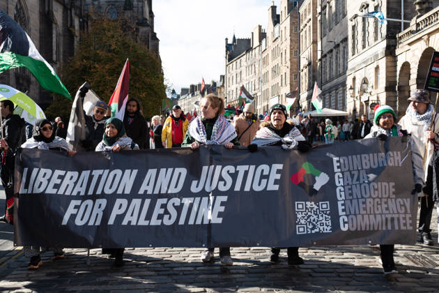 October 10, 2026, Edinburgh, Scotland, UK: Hundreds of people took part in a demonstration in Edinburgh organised by pro-Palestine groups Gaza Genocide Emergency Committee and Stop the War Scotland to mark the third anniversary of the 7 October 2023 Hamas-led attacks on Israel and the subsequent war in Gaza. The demonstration formed part of what organisers described as the first fully coordinated global day of protests for Palestine, with participants calling on the UK Government to end all arms sales to Israel and impose full sanctions. Edinburgh UK - ZUMAs357 20261010_zip_s357_022 Copyright: xCameronxScottx