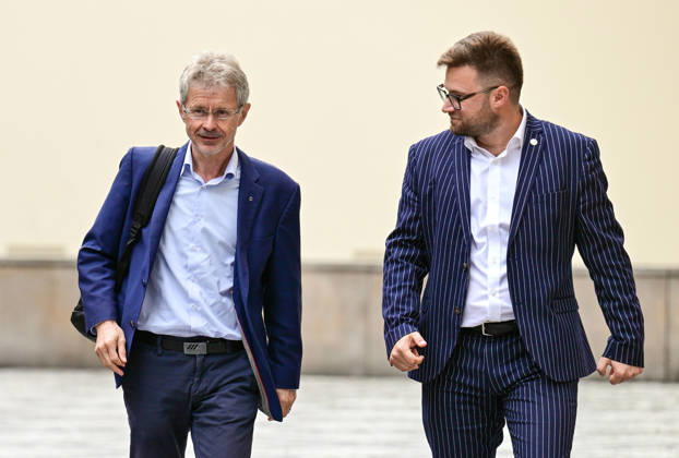 The two-day elections to municipal assemblies ended in the Czech Republic together with the first round of the elections to one-third of the Senate, at 2:00 p.m. on October 10, 2026. On the photo: Senate President Milos Vystrcil (left), accompanied by ODS spokesperson Jakub Skyva arrive at the ODS s central campaign headquarters in Prague. (CTKxPhoto MichalxKamaryt) CTKPhotoP2026101004082  CTKPhotoP2026101004082