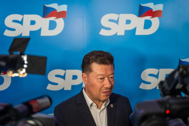 The two-day elections to municipal assemblies ended in the Czech Republic together with the first round of the elections to one-third of the Senate, at 2:00 p.m. on October 10, 2026. On the photo: Chairman of the movement and Speaker of the Chamber of Deputies Tomio Okamura speaks with reporters at SPD s central campaign headquarters in Prague. (CTKxPhoto OndrejxDeml) CTKPhotoP2026101003973  CTKPhotoP2026101003973