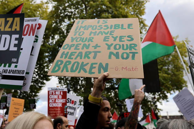 October 10, 2026, London, London, UK: London, UK. Thousands of pro-Palestine supporters take part in the National March for Palestine in central London, carrying placards and Palestinian flags and calling for Palestinian rights and an end to the conflict in Gaza, three days after the third anniversary of the 7 October attacks on Israel. London UK  - ZUMAl94_ 20261010_zaf_l94_050 Copyright: xDinendraxHariax