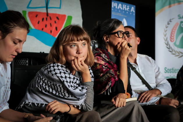 IPA89506328 - Naples, October 10, 2026 Conference at the former NATO base; Greta Thunberg in Bagnoli discussing the CPRs, and today at the march and the pro-Pal debate with Francesca Albanese (NeaPhoto Renato Esposito)  Copyright: xx xx IPA89506328