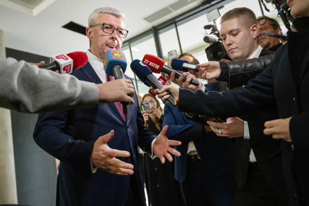 The two-day elections to municipal assemblies ended in the Czech Republic together with the first round of the elections to one-third of the Senate, at 2:00 p.m. on October 10, 2026. On the photo: Karel Havlicek, Minister of Industry and Trade and deputy party chairman, speaks to reporters at the ANO Movement s central campaign headquarters in Prague. (CTKxPhoto MichaelaxRihova) CTKPhotoP2026101004899  CTKPhotoP2026101004899