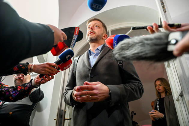 The two-day elections to municipal assemblies ended in the Czech Republic together with the first round of the elections to one-third of the Senate, at 2:00 p.m. on October 10, 2026. On the photo: STAN Chairman Vit Rakusan speaks with reporters at the campaign headquarters of the Mayors and Independents (STAN) movement in Prague. (CTKxPhoto KaterinaxSulova) CTKPhotoP2026101004433  CTKPhotoP2026101004433