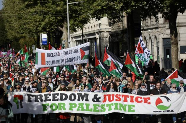 Thousands of pro-Palestine demonstrators gather in Dublin DUBLIN, IRELAND - OCTOBER 10: Thousands of pro-Palestine demonstrators gather in Dublin, Ireland, on October 10, 2026, for a national march marking three years since the October 7 attacks and the subsequent war in Gaza. Organized by the Ireland-Palestine Solidarity Campaign, the protest calls for sanctions against Israel and greater action by the Irish government, with demonstrators marching from the Garden of Remembrance towards the Dail. Mostafa Darwish Anadolu Dublin Ireland. Editorial use only. Please get in touch for any other usage.  Copyright: x2026xAnadoluxMostafaxDarwishx