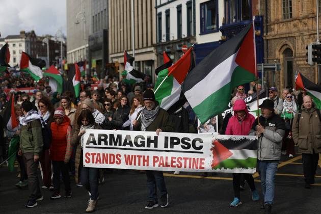 Thousands of pro-Palestine demonstrators gather in Dublin DUBLIN, IRELAND - OCTOBER 10: Thousands of pro-Palestine demonstrators gather in Dublin, Ireland, on October 10, 2026, for a national march marking three years since the October 7 attacks and the subsequent war in Gaza. Organized by the Ireland-Palestine Solidarity Campaign, the protest calls for sanctions against Israel and greater action by the Irish government, with demonstrators marching from the Garden of Remembrance towards the Dail. Mostafa Darwish Anadolu Dublin Ireland. Editorial use only. Please get in touch for any other usage.  Copyright: x2026xAnadoluxMostafaxDarwishx