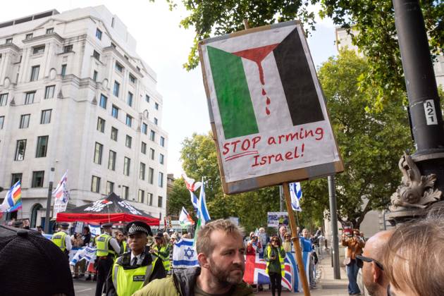 October 10, 2026, London, London, England: The National March for Palestine took place to mark the third anniversary of the start of the war in Gaza. Around ten thousand gathered on The Thames embankment and marched to Parliament Squre. They faced an Israeli counter demonstration of a handfull of protesters. Some arrests were reported by police. London England  - ZUMAr169 20261010_zip_r169_012 Copyright: xRodxHarbinsonx