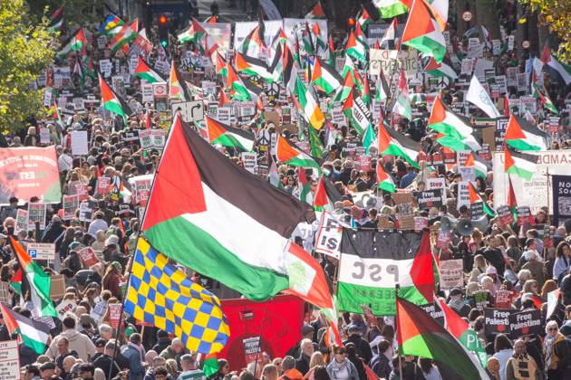 October 10, 2026, London, London, England: The National March for Palestine took place to mark the third anniversary of the start of the war in Gaza. Around ten thousand gathered on The Thames embankment and marched to Parliament Squre. They faced an Israeli counter demonstration of a handfull of protesters. Some arrests were reported by police. London England  - ZUMAr169 20261010_zip_r169_055 Copyright: xRodxHarbinsonx
