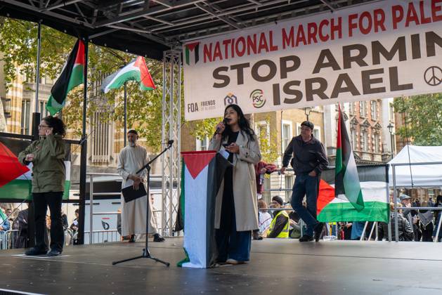 October 10, 2026, London, United Kingdom: Zarah Saltana, Member of Parliament for Coventry South, speaks at the National March for Palestine in London. The march marks three years since the outbreak of the war in Gaza in October 2023.The National March for Palestine, which was organised by the Palestine Coalition in London. The march marks three years since the outbreak of the war in Gaza in October 2023 London United Kingdom - ZUMAs197 20261010_aaa_s197_070 Copyright: xPhilxLewisx