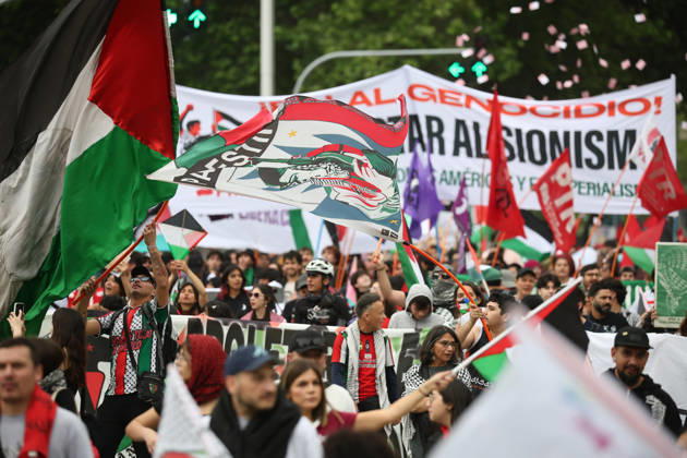 Santiago, October 10, 2026: March for Palestine organized by the Global Action for Palestine (GAFP) alliance along Alameda Street in downtown Santiago. Dragomir Yankovic, Aton Chile, Santiago, Chile. Aton 1198358  Copyright: DRAGOMIRxYANKOVIC ATONxCHILE