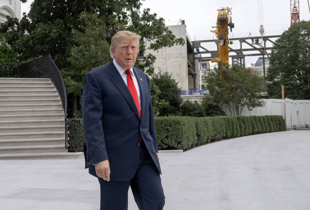 United States President Donald J Trump walks past the ballroom construction as he departs the South Lawn of the White House in Washington, DC, en route Clarksville, Tennessee on Saturday, October 10, 2026. The President will participate in a campaign rally for Tennessee Republican candidates on the ballot in November.  WAX20261010206 RONxSACHS