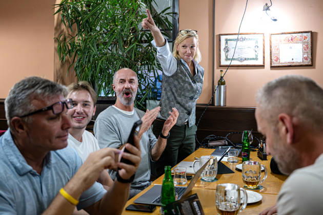 The two-day elections to municipal assemblies ended in the Czech Republic together with the first round of the elections to one-third of the Senate, at 2:00 p.m. on October 10, 2026. On the photo: Deputy Mayor for Investments Lukas Radek (TOP 09), middle, and standing Mayor Pavlina Springerova (Hradec Democratic Club) celebrate the preliminary election results at the campaign team of the Hradec Democratic Club (HDK) and TOP 09 (with the support of the Hradec Teachers Association) in Hradec Kralove. (CTKxPhoto DavidxTanecek) CTKPhotoP2026101006232  CTKPhotoP2026101006232