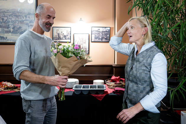 The two-day elections to municipal assemblies ended in the Czech Republic together with the first round of the elections to one-third of the Senate, at 2:00 p.m. on October 10, 2026. On the photo from left: Deputy Mayor for Investments Lukas Radek (TOP 09) and Mayor Pavlina Springerova (Hradec Democratic Club) celebrate the preliminary election results at the campaign team of the Hradec Democratic Club (HDK) and TOP 09 (with the support of the Hradec Teachers Association) in Hradec Kralove. A bouquet for Mayor Pavlina Springerova. (CTKxPhoto DavidxTanecek) CTKPhotoP2026101006277  CTKPhotoP2026101006277