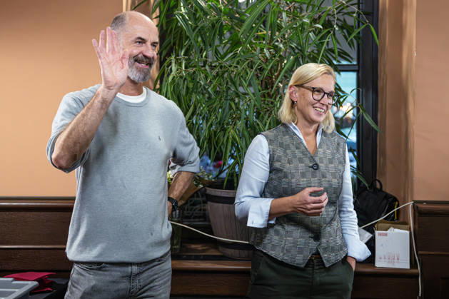 The two-day elections to municipal assemblies ended in the Czech Republic together with the first round of the elections to one-third of the Senate, at 2:00 p.m. on October 10, 2026. On the photo from left: Deputy Mayor for Investments Lukas Radek (TOP 09) and Mayor Pavlina Springerova (Hradec Democratic Club) celebrate the preliminary election results at the campaign team of the Hradec Democratic Club (HDK) and TOP 09 (with the support of the Hradec Teachers Association) in Hradec Kralove. (CTKxPhoto DavidxTanecek) CTKPhotoP2026101006311  CTKPhotoP2026101006311