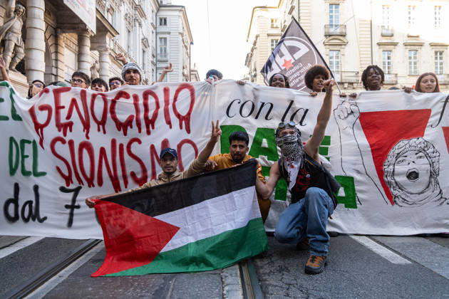 October 10, 2026, Turin, Piedmont, Italy: Thousands of people took part in the demonstration in support of Palestine, Ã¢â‚¬ËœThe end of genocide is the end of ZionismÃ¢â‚¬â ¢, held in Turin on 10 October 2026. Although the demonstration was authorized, tension arose at the start when police tried to prevent the protestors from entering in Castello Square, without success. The demonstration then proceeded without any incident. Turin Italy - ZUMAs377 20261010_znp_s377_001 Copyright: xPietroxStariccox