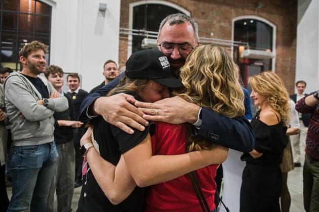 The two-day elections to municipal assemblies ended in the Czech Republic together with the first round of the elections to one-third of the Senate, at 2:00 p.m. on October 10, 2026. On the photo: the Brno KDU-CSL candidate for Mayor of Brno Jakub Hruska is hugging his wife and daughter at KDU-CSL+STAN campaign headquarters in Brno. (CTKxPhoto PatrikxUhlir) CTKPhotoP2026101007757  CTKPhotoP2026101007757