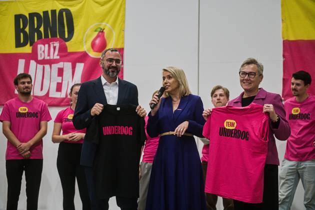 The two-day elections to municipal assemblies ended in the Czech Republic together with the first round of the elections to one-third of the Senate, at 2:00 p.m. on October 10, 2026. On the photo front from left: the Brno KDU-CSL candidate for Mayor of Brno Jakub Hruska, MEP Danuse Nerudova and Irena Matonohova (STAN), a Brno city council member, at KDU-CSL+STAN campaign headquarters in Brno. (CTKxPhoto PatrikxUhlir) CTKPhotoP2026101007786  CTKPhotoP2026101007786