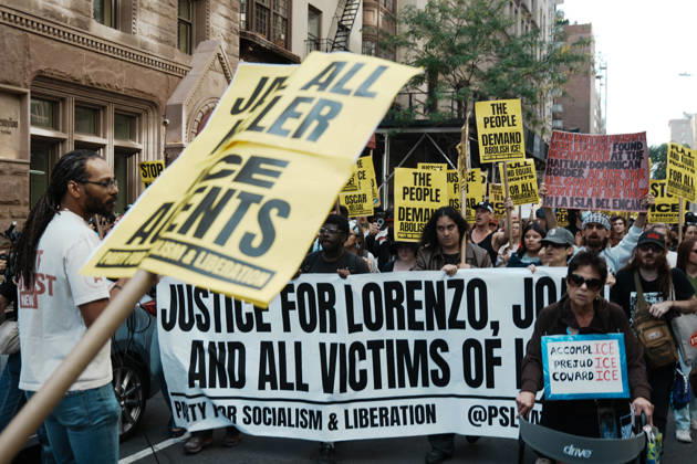 October 10, 2026, New York, New York, USA: Protesters march through lower Manhattan during an anti-ICE protest on October 10, 2026 in New York City. Protesters take to the streets following an incident where ICE agents shot a 28-year-old-man, Oscar Belgal while he in a vehicle with his 5-year old child in the Marble Hill neighborhood in the Bronx. New York USA - ZUMAb148 20261010_zap_b148_042 Copyright: xBryanxSmithx