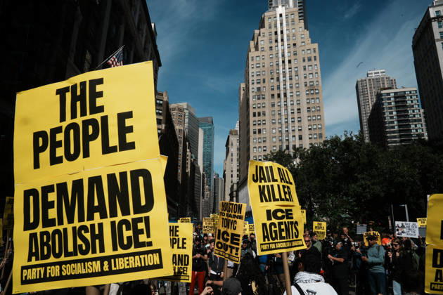 October 10, 2026, New York, New York, USA: Protesters at an anti-ICE protest in Herald Square on October 10, 2026 in New York City. Protesters take to the streets following an incident where ICE agents shot a 28-year-old-man, Oscar Belgal while he in a vehicle with his 5-year old child in the Marble Hill neighborhood in the Bronx. New York USA - ZUMAb148 20261010_zap_b148_045 Copyright: xBryanxSmithx