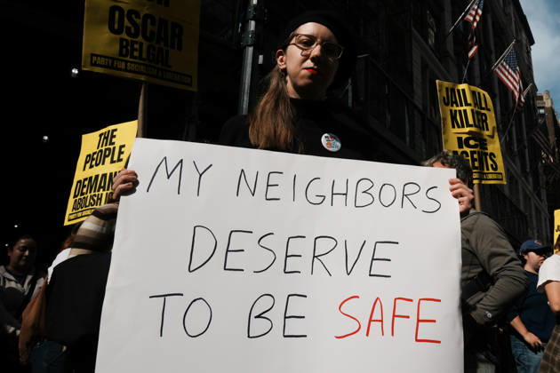 October 10, 2026, New York, New York, USA: Protesters at an anti-ICE protest in Herald Square on October 10, 2026 in New York City. Protesters take to the streets following an incident where ICE agents shot a 28-year-old-man, Oscar Belgal while he in a vehicle with his 5-year old child in the Marble Hill neighborhood in the Bronx. New York USA - ZUMAb148 20261010_zap_b148_060 Copyright: xBryanxSmithx