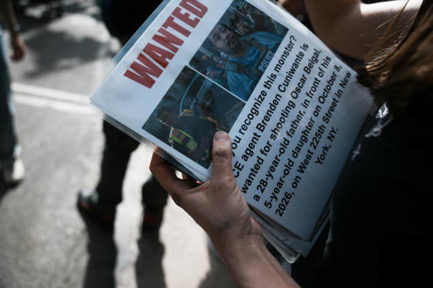 October 10, 2026, New York, New York, USA: A protester holds a Wanted Sign with ICE Agent Brendan Cuni , accused of shooting Oscar Belgal, on a sign at an anti-ICE protest near Union Square on October 10, 2026 in New York City. Protesters take to the streets following an incident where ICE agents shot a 28-year-old-man, Oscar Belgal while he in a vehicle with his 5-year old child in the Marble Hill neighborhood in the Bronx. New York USA - ZUMAb148 20261010_zap_b148_063 Copyright: xBryanxSmithx
