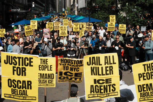 October 10, 2026, New York, New York, USA: Protesters at an anti-ICE protest in Herald Square on October 10, 2026 in New York City. Protesters take to the streets following an incident where ICE agents shot a 28-year-old-man, Oscar Belgal while he in a vehicle with his 5-year old child in the Marble Hill neighborhood in the Bronx. New York USA - ZUMAb148 20261010_zap_b148_067 Copyright: xBryanxSmithx