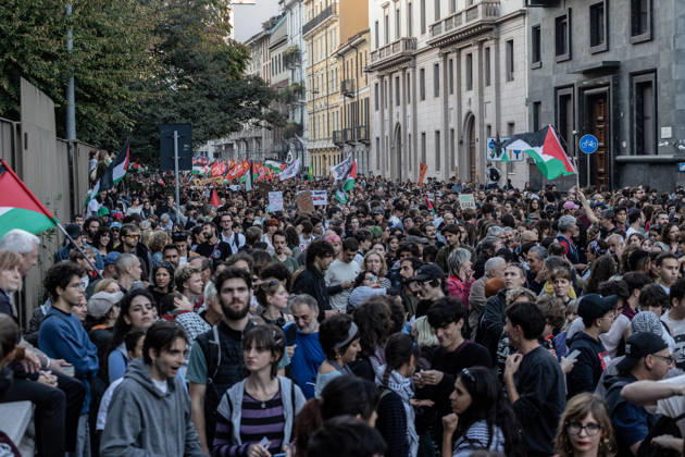 Pro-Palestinian demonstration in Milan MILAN, ITALY - OCTOBER 10: Protestors gather on the 3rd anniversary of the start of the ongoing conflict in Gaza, to show solidarity demonstration with Palestine in Milan, Italy, on October 10, 2026. The protesters are demanding an end to the ongoing war in Gaza and the unhindered entry of humanitarian aid; a halt to the shipment of arms to and from Israel; the cessation of military, economic, and academic cooperation between Italy and Israel; and the withdrawal of Bill 1004. Andrea Carrubba Anadolu Milan Italy. Editorial use only. Please get in touch for any other usage.  Copyright: x2026xAnadoluxAndreaxCarrubbax