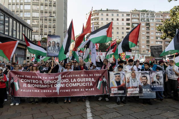 Pro-Palestinian demonstration in Milan MILAN, ITALY - OCTOBER 10: Protestors gather on the 3rd anniversary of the start of the ongoing conflict in Gaza, to show solidarity demonstration with Palestine in Milan, Italy, on October 10, 2026. The protesters are demanding an end to the ongoing war in Gaza and the unhindered entry of humanitarian aid; a halt to the shipment of arms to and from Israel; the cessation of military, economic, and academic cooperation between Italy and Israel; and the withdrawal of Bill 1004. Andrea Carrubba Anadolu Milan Italy. Editorial use only. Please get in touch for any other usage.  Copyright: x2026xAnadoluxAndreaxCarrubbax