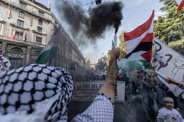 Pro-Palestinian demonstration in Milan MILAN, ITALY - OCTOBER 10: Protestors gather on the 3rd anniversary of the start of the ongoing conflict in Gaza, to show solidarity demonstration with Palestine in Milan, Italy, on October 10, 2026. The protesters are demanding an end to the ongoing war in Gaza and the unhindered entry of humanitarian aid; a halt to the shipment of arms to and from Israel; the cessation of military, economic, and academic cooperation between Italy and Israel; and the withdrawal of Bill 1004. Andrea Carrubba Anadolu Milan Italy. Editorial use only. Please get in touch for any other usage.  Copyright: x2026xAnadoluxAndreaxCarrubbax