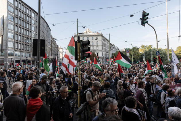 Pro-Palestinian demonstration in Milan MILAN, ITALY - OCTOBER 10: Protestors gather on the 3rd anniversary of the start of the ongoing conflict in Gaza, to show solidarity demonstration with Palestine in Milan, Italy, on October 10, 2026. The protesters are demanding an end to the ongoing war in Gaza and the unhindered entry of humanitarian aid; a halt to the shipment of arms to and from Israel; the cessation of military, economic, and academic cooperation between Italy and Israel; and the withdrawal of Bill 1004. Andrea Carrubba Anadolu Milan Italy. Editorial use only. Please get in touch for any other usage.  Copyright: x2026xAnadoluxAndreaxCarrubbax