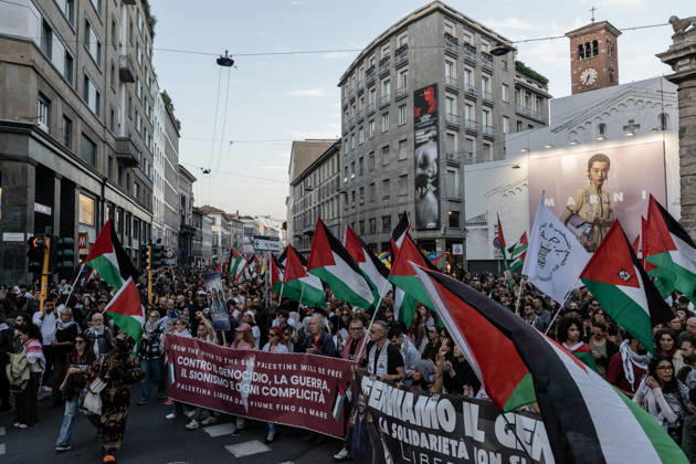 Pro-Palestinian demonstration in Milan MILAN, ITALY - OCTOBER 10: Protestors gather on the 3rd anniversary of the start of the ongoing conflict in Gaza, to show solidarity demonstration with Palestine in Milan, Italy, on October 10, 2026. The protesters are demanding an end to the ongoing war in Gaza and the unhindered entry of humanitarian aid; a halt to the shipment of arms to and from Israel; the cessation of military, economic, and academic cooperation between Italy and Israel; and the withdrawal of Bill 1004. Andrea Carrubba Anadolu Milan Italy. Editorial use only. Please get in touch for any other usage.  Copyright: x2026xAnadoluxAndreaxCarrubbax