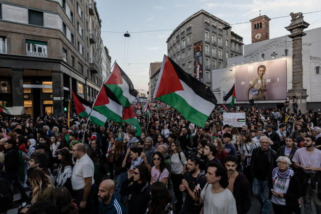 Pro-Palestinian demonstration in Milan MILAN, ITALY - OCTOBER 10: Protestors gather on the 3rd anniversary of the start of the ongoing conflict in Gaza, to show solidarity demonstration with Palestine in Milan, Italy, on October 10, 2026. The protesters are demanding an end to the ongoing war in Gaza and the unhindered entry of humanitarian aid; a halt to the shipment of arms to and from Israel; the cessation of military, economic, and academic cooperation between Italy and Israel; and the withdrawal of Bill 1004. Andrea Carrubba Anadolu Milan Italy. Editorial use only. Please get in touch for any other usage.  Copyright: x2026xAnadoluxAndreaxCarrubbax