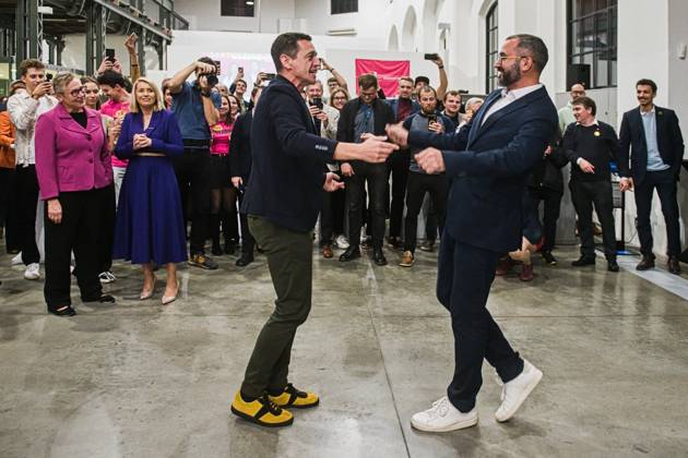 The two-day elections to municipal assemblies ended in the Czech Republic together with the first round of the elections to one-third of the Senate, at 2:00 p.m. on October 10, 2026. On the photo: Jan Grolich, Governor of South Moravia Region and Chairman of the KDU-CSL, is celebrating his election as a Senator in the first round of the Senate elections, and the Brno KDU-CSL candidate for Mayor of Brno Jakub Hruska dance at KDU-CSL+STAN campaign headquarters in Brno. (CTKxPhoto PatrikxUhlir) CTKPhotoP2026101009002  CTKPhotoP2026101009002