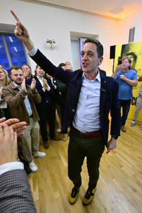 The two-day elections to municipal assemblies ended in the Czech Republic together with the first round of the elections to one-third of the Senate, at 2:00 p.m. on October 10, 2026. On the photo: Jan Grolich, Governor of South Moravia Region and Chairman of the KDU-CSL, celebrates at the KDU-CSL s central campaign headquarters following the elections in Slapanice, South Moravian Region. (CTKxPhoto VaclavxSalek) CTKPhotoF202610100030701  CTKPhotoF202610100030701