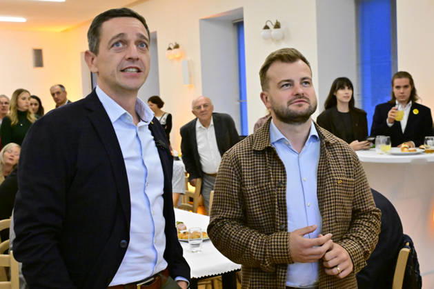 The two-day elections to municipal assemblies ended in the Czech Republic together with the first round of the elections to one-third of the Senate, at 2:00 p.m. on October 10, 2026. On the photo: Jan Grolich, Governor of South Moravia Region and Chairman of the KDU-CSL, left, and Benjamin Cincila, First Vice Chair of the KDU-CSL, at the KDU-CSL s central campaign headquarters following the elections in Slapanice, South Moravian Region. (CTKxPhoto VaclavxSalek) CTKPhotoF202610100031001  CTKPhotoF202610100031001