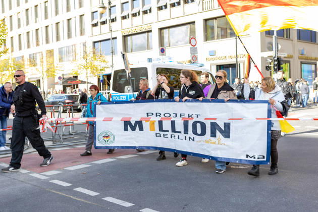 October 10, 2026, Berlin, Berlin, Germany: Demonstrators gather in Berlin for the Project M1llion rally against the German government. Participants take to the streets to voice their opposition to government policies, displaying banners and expressing their political demands. The demonstration brings together people seeking to make their concerns heard and draw public attention to their criticism of the country s political leadership. Berlin Germany  - ZUMAc291 20261010_zip_c291_012 Copyright: xMariaxCastrox