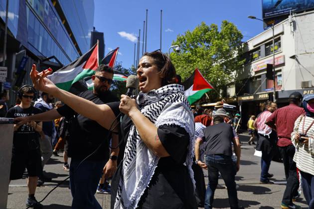 October 11, 2026, Melbourne, Victoria State, Australia: A Protester shouts slogans during the rally..Pro-Palestinian demonstrators marched through Melbourne to mark three years since the outbreak of the Gaza war following the Hamas-led attacks on Israel on 7 October 2023 and Israelâ€⠢s subsequent military campaign in Gaza. Protesters called for Palestinian rights and an end to the violence in Gaza. Melbourne Australia - ZUMAs197 20261011_aaa_s197_028 Copyright: xYexMyoxKhantx