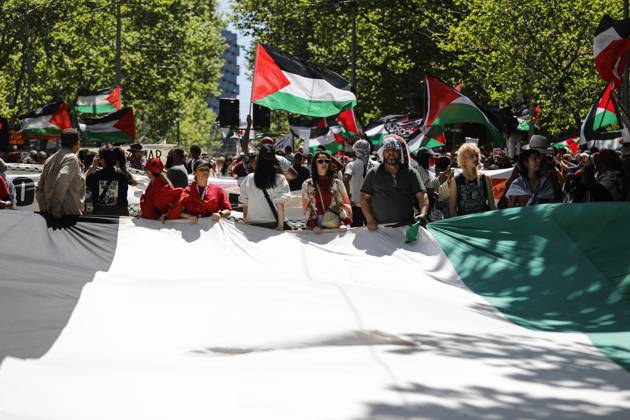 October 12, 2026, Melbourne, Victoria State, Australia: Pro-Palestinian protesters march through Melbourne during a demonstration marking three years of the war in Gaza..Pro-Palestinian demonstrators marched through Melbourne to mark three years since the outbreak of the Gaza war following the Hamas-led attacks on Israel on 7 October 2023 and Israelâ€⠢s subsequent military campaign in Gaza. Protesters called for Palestinian rights and an end to the violence in Gaza. Melbourne Australia - ZUMAs197 20261012_aaa_s197_001 Copyright: xYexMyoxKhantx