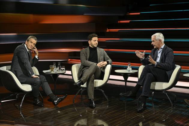 Talk show on Markus Lanz, ZDF, October 26, 2026: Markus Lanz, Felix Banaszak, and Mathias Middelberg (from left to right) on October 7, 2026, on Markus Lanz, ZDF TV, talk show, Germany, German