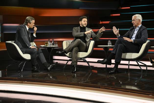 Talk show on Markus Lanz, ZDF, October 26, 2026: Markus Lanz, Felix Banaszak, and Mathias Middelberg (from left to right) on October 7, 2026, on Markus Lanz, ZDF TV, talk show, Germany, German