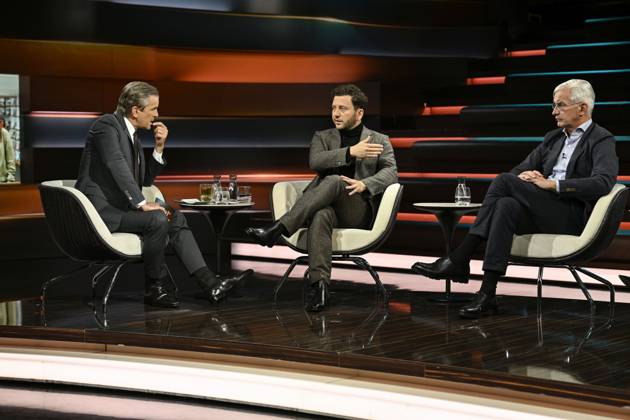 Talk show on Markus Lanz, ZDF, October 26, 2026: Markus Lanz, Felix Banaszak, and Mathias Middelberg (from left to right) on October 7, 2026, on Markus Lanz, ZDF TV, talk show, Germany, German