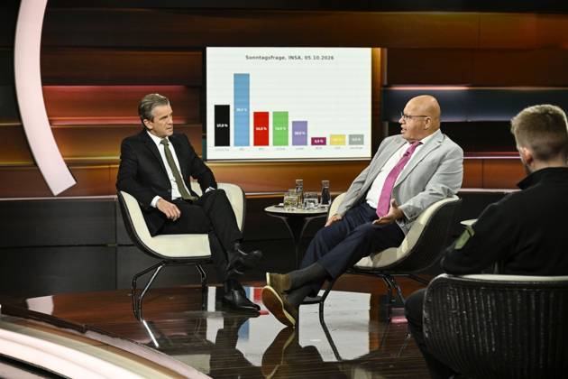 Talk show on Markus Lanz, ZDF, October 26, featuring Markus Lanz, Peter Altmaier, and Alexander Gertz (from left to right) on October 8, 2026, on Markus Lanz, ZDF TV talk show Germany German man men German woma
