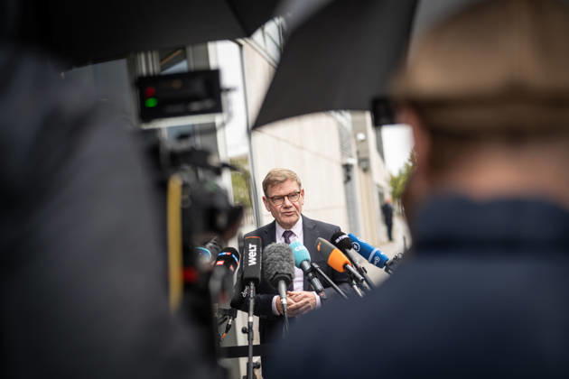 Johann Wadephul, Minister of Foreign Affairs, delivers a statement in front of the Konrad Adenauer House on current developments in Ukraine. CDU Germany Executive Committee Retreat in Berlin, October 2026, Berlin, Berlin, Germany, Konrad Adenauer House