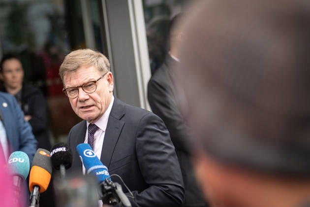 Johann Wadephul, Minister of Foreign Affairs, delivers a statement in front of the Konrad Adenauer House on current developments in Ukraine. CDU Germany Executive Committee Retreat in Berlin, October 2026, Berlin, Berlin, Germany, Konrad Adenauer House