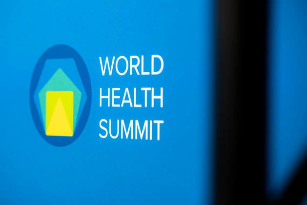 World Health Summit 2026: Global Health Policy, Germany, Berlin, October 11, 2026. The lettering on the wall of the main stage reading World Health Summit on a blue background