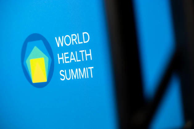 World Health Summit 2026: Global Health Policy, Germany, Berlin, October 11, 2026. The lettering on the wall of the main stage reading World Health Summit on a blue background