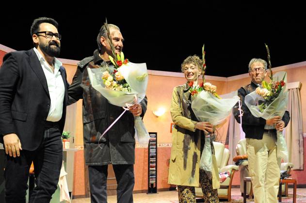 Director Manu Jacobs; Actor Frans Van der Aa ; Actress Marleen Merckx and Actor Peter Van De Velde pictured during the premiere of Het Zinkgat , a theatre tragicomedy, at Theater Elckerlyc in Antwerp, on Sunday 11 October 2026.  BOAZxKEERSMAEKERS 189468365