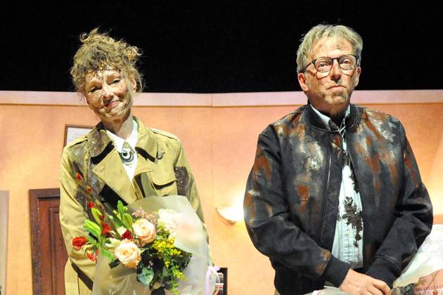 Actor Frans Van der Aa and Actress Marleen Merckx pictured during the premiere of Het Zinkgat , a theatre tragicomedy, at Theater Elckerlyc in Antwerp, on Sunday 11 October 2026.  BOAZxKEERSMAEKERS 189468369